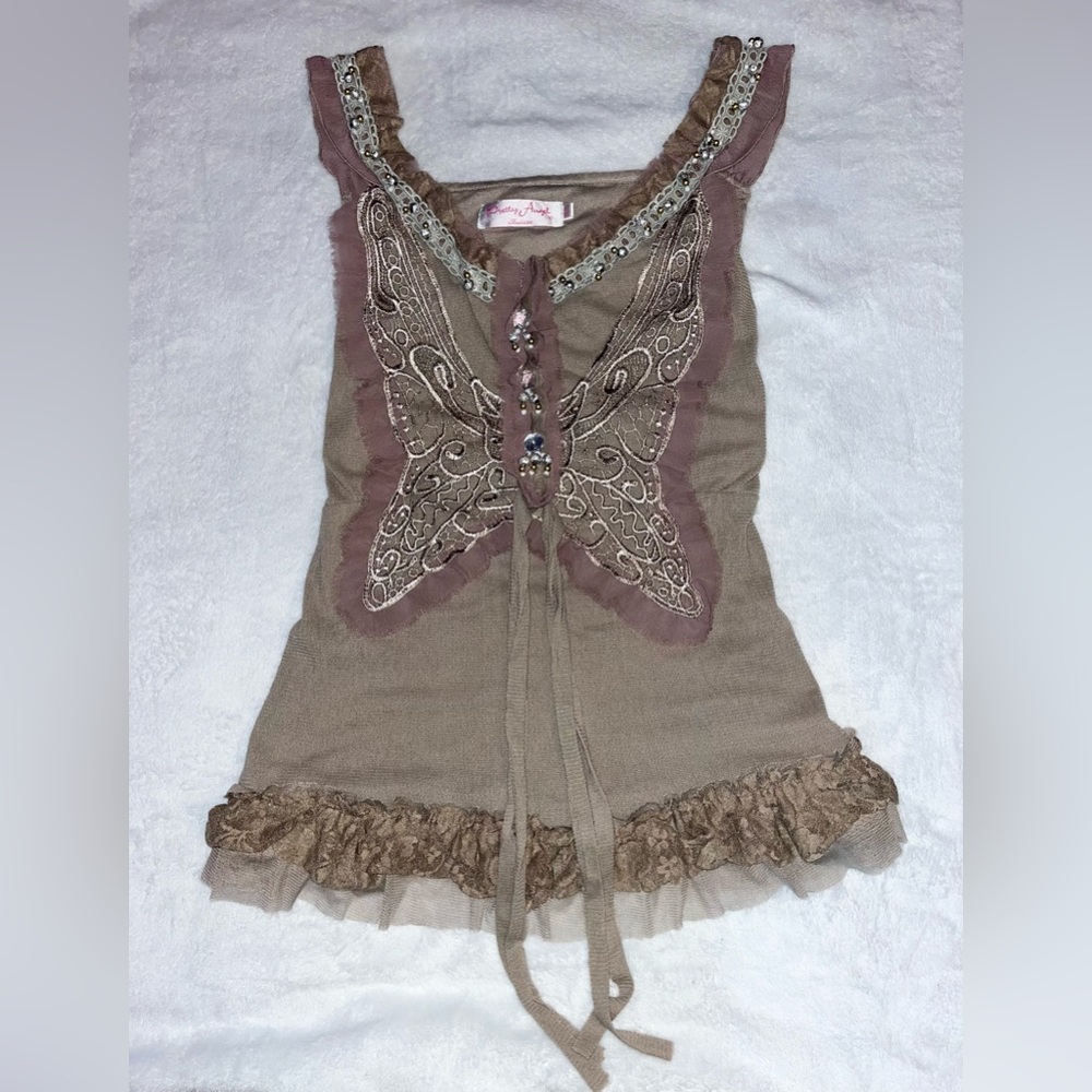 Y2K Pretty Angel Butterfly Fairy Beaded Lace Top